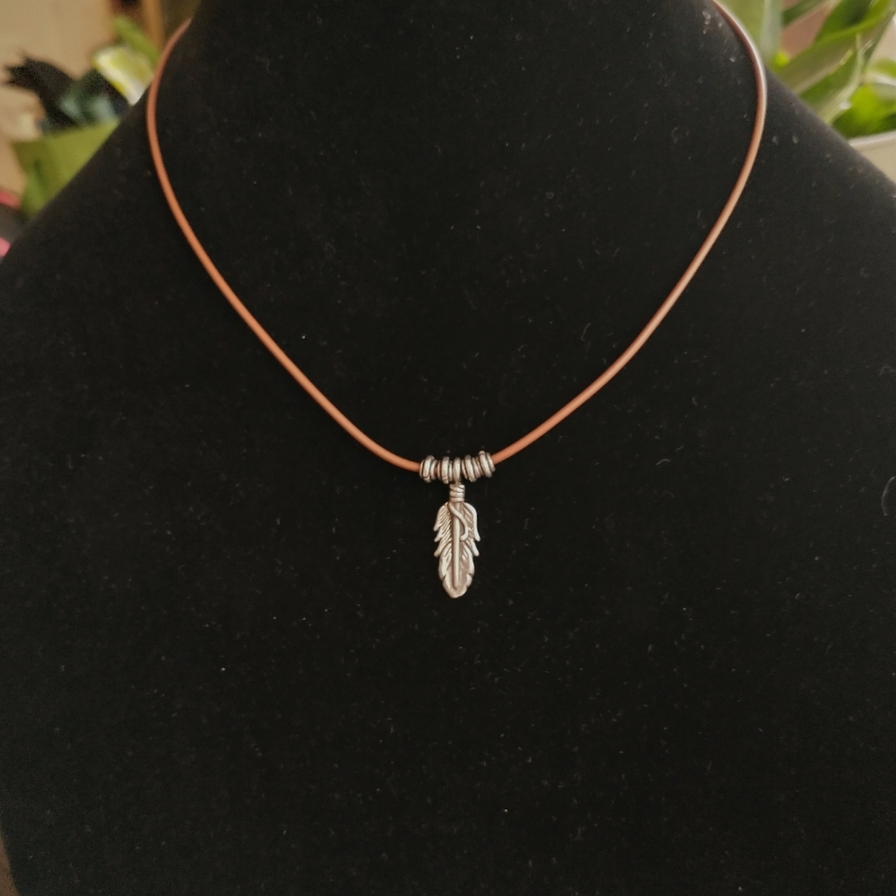 Choker style Leather Cord Sterling Feather Necklace